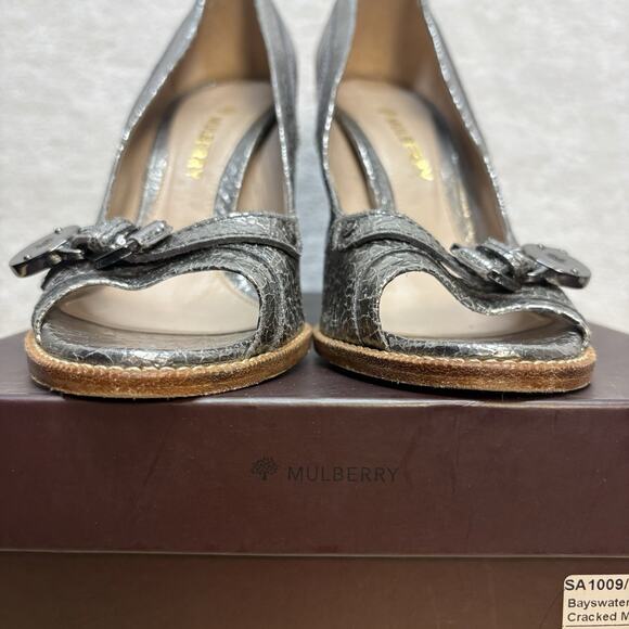 Mulberry Bayswater Peep Toe Cracked Metallic Silver Block Heel Pump EU Size 38.5 - Picture 3 of 16